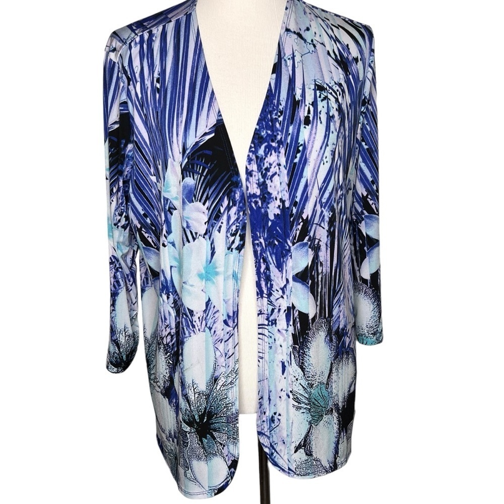 Chicos Easy Wear Open Front Cardigan Size L Packable Blue Black Tropical Print